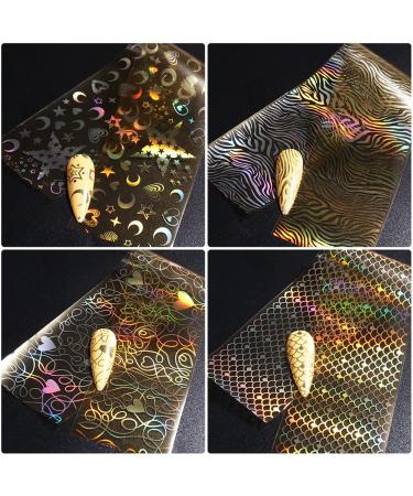 Gold Nail Foil Transfer Stickers - Holographic Designer Nail Art Supplies - 3D Glitter Line Manicure Accessories - 16 Sheets - Buy Online on SooperMarket.com