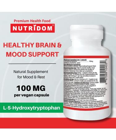 Nutridom 5-HTP 100mg 5-Hydroxy-L-tryptophan Supplement Supports Healthy Mood Balance Non-GMO Vegan Gluten-Free (60 Veggie capsules) - Buy Online on SooperMarket.com