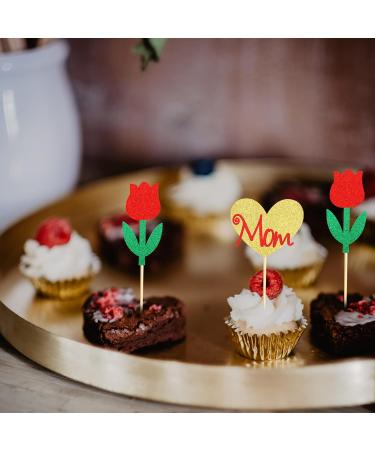 Arthsdite Happy Mothers Day Cupcake Toppers Flower Cupcake Picks Love Mom Heart Cake Decoration Party Supplies for Mother's Day Party Decorations Supply- Red Glitter Red Flower - Buy Online on SooperMarket.com