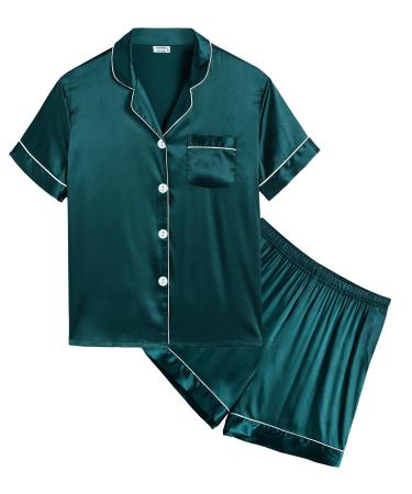 SWOMOG Kids Silk Pyjamas Girls Boys Short Sleeve Satin PJs Sets Button-Down Silky Nightwear Children Sleepwear Teens Age 4-16 12-13 Years Dark Green