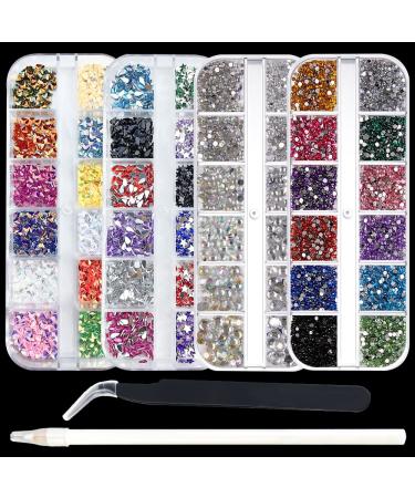 4 Boxes Nail Art Rhinestones Kit Crystal Nail Art Gems Multicolor Mixed Kits Studs Jewels Diamonds Rhinestones with 1 Pick Up Tweezers and 1 Wax Pens for Nail Art Decoration Supplies DIY Crafts