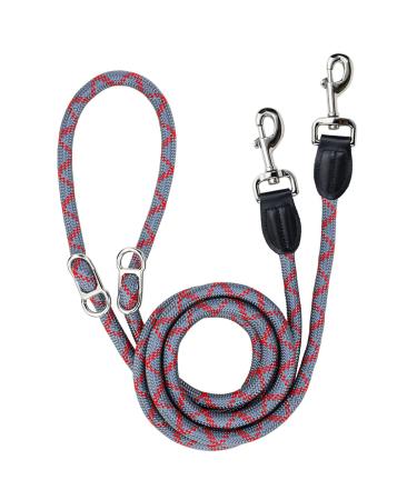 Dog leash 2.6m adjustable rehabilitation leash reflective multifunctional nylon double linen with 2 movable metal ring ideal for walking running and training (red & gray L - 1.2 x 260 cm) L - 1.2 x 260 cm red & gray