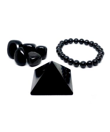 Pachamama Essentials Shungite Set Comprehensive EMF Protection Gift Set | Shungite Stone Kit Contains Pyramid 2" 8mm Bead Bracelet and 5 Tumbled Stones