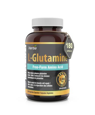 Herba L-Glutamine Capsules 750mg 180 Vegetable Capsules | 3 000mg Per Serving | Free Form L Glutamine Supplement | NPN from Health Canada | Made & 3rd Party Tested in Canada