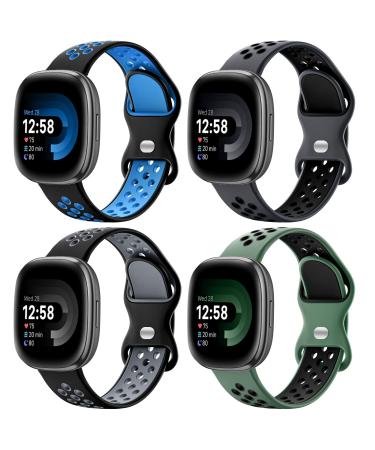 Maledan 4 Pack Sport Band Compatible for Fitbit Versa 3/Versa 4/ Fitbit Sense/ Sense 2 Bands Women Men Soft Wristband Replacement Accessories for Fitbit Versa 3/4 and Sense/ Sense 2 Smart Watch Band Black Navy/ Coal Black/ Black Gray/ Black Pine L: 7.1"-8