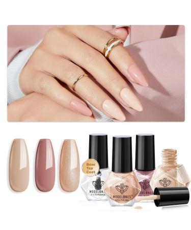 Modelones Nail Polish Set 3 Colors Brown Nude Nail Polish Base and Top Coat & Remover Pads Bubble Natural Skin Tone Glitter Nail Polish Finger Nail Polish Manicure Diy Nail Art Salon Home