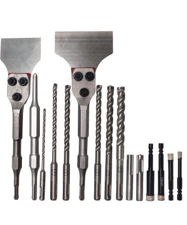 DEHUIWI 17Pcs SDS Plus Rotary Hammer Drill Bits Masonry Chisels Set Floor Scraper Triangular Drill Bits Alloy Chisel Shovel Knife Adapter with Strong Case New17pcs