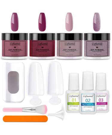 Lofuanna Dip Powder Nail Kit Starter-4 Colors Purple Set Dipping Powder with Base&Top Coat&Activator No UV/LED Needed All-in-One DIY French Nail Art Manicure Set for Beginners