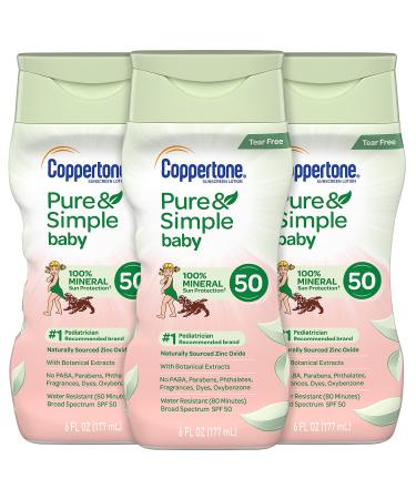 Coppertone Pure & Simple Baby Tear Free Mineral-Based Sunscreen Lotion Broad Spectrum SPF 50 6 Fluid Ounce (Pack of 3)
