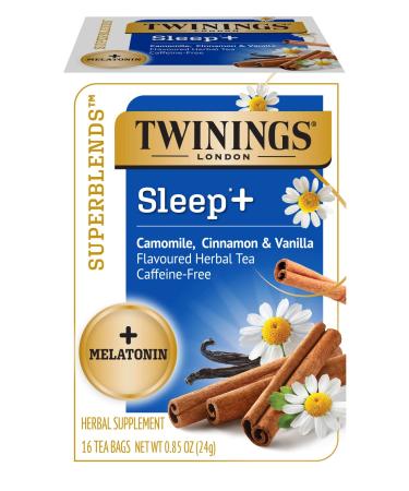 Twinings Superblends Sleep + Melatonin, Camomile, Cinnamon & Vanilla Flavoured Herbal Tea, Caffeine-Free, 16 Count (Pack of 6) Sleep Melatonin Camomile 16 Count (Pack of 6)