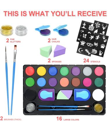 Face Paint Kit for Kids Large Water Based Paints 16 Large Water Based Paints 24 Stencils 2 Glitters Halloween Makeup Kit Face Paint Palette Face Paints Safe for Sensitive Skin (16 color) - Buy Online on SooperMarket.com