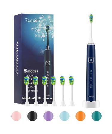 7AM2M Sonic Electric Toothbrush with 6 Brush Heads for Kids and Children One Charge for 90 Days Wireless Fast Charge 5 Modes with 2 Minutes Build in Smart Timer Electric Toothbrushes(Navy Blue)