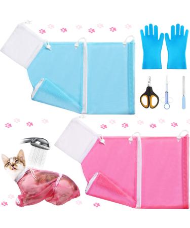 7 Pieces Cat Bathing Bag Set Include 2 Adjustable Multifunctional Cat Bath Bag Cat Grooming Glove Pet Nail Clipper Nail File Pet Liquid Feeder for Cat's Shower, Nail Trimming (Bright Colors)