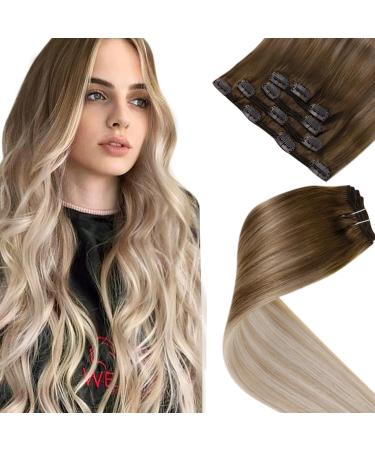 LAAVOO Extensions Real Hair Clip in Ombre 40cm Balayage Hair extension Clip in real hair light brown to dark ash blonde with platinum blonde remy clip in extensions real hair smooth 70g/5pcs 40cm-70g 2.2#8/18/60