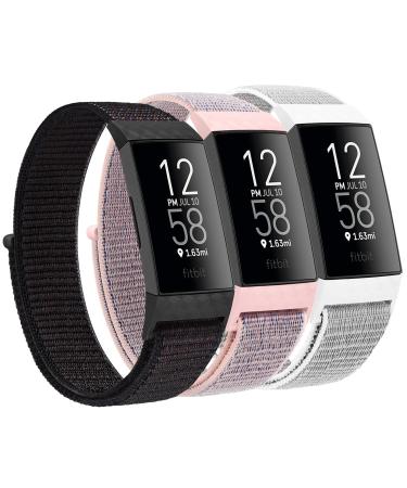 Adjustable Nylon Bands Compatible with Fitbit Charge 4 Bands/Charge 3 / Charge 3 SE, Soft Breathable Sport Replacement Wristbands for Women Men (Black Sand/Pink Sand/Seashell) 001, Black Sand/Pink Sand/Seashell
