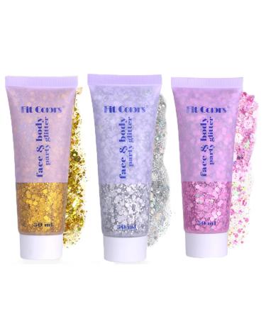 Body Face Glitter Gel 50ml Mermaid Sequins Sparkling Chunky Body Lotion Glitter Liquid Shimmer Eyeshadow Chunky Glitter for Cosmetic Face Hair Lip Nail Christmas Festival Party (Pink & Silver & Gold)