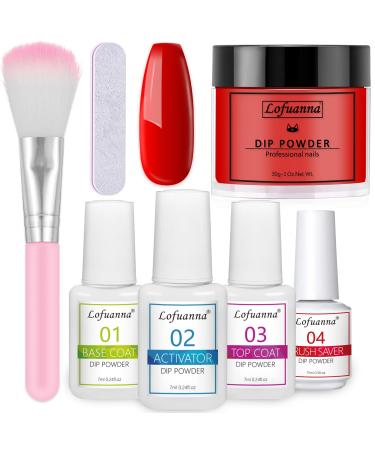 Lofuanna Dip Powder Nail Kit Starter-Red Nail Dipping Powder with Base&Top Coat&Activator&Brush Saver No UV/LED Needed DIY French Nail Art Manicure Easy to Apply for Home or Salon Use 015