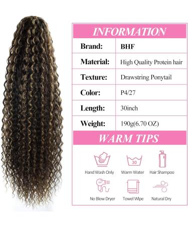 30 inch Long Curly Drawstring Ponytail Extension in P4/27# Synthetic Hair - Women's Hairpiece - Buy Online on SooperMarket.com