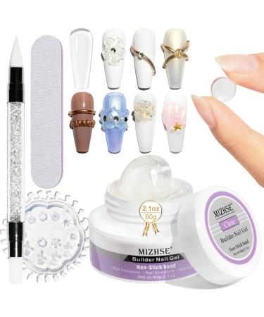 MIZHSE Builder Nail Gels Nail Kit Clear Non-Stick Hand Nail Extension Gel with Nail Pen Silicone Forms 36 Nail Tips 60g for Beginners & Salon Professionals Soak off UV/LED Plain