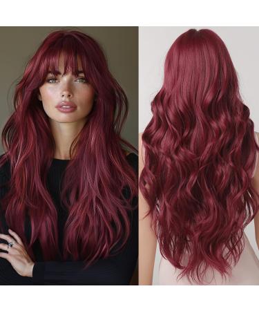 Long Natural Wave Red Wigs for Women Cosplay Party Synthetic Hair Wigs with Bangs