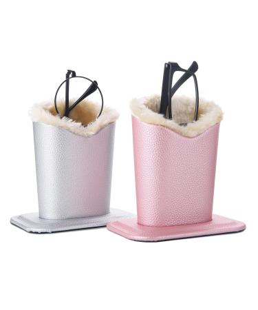 Bivisen Glasses Holder Modern Velvet Plush Lining PU Leather Eyeglass Holder Case Pink + Silver