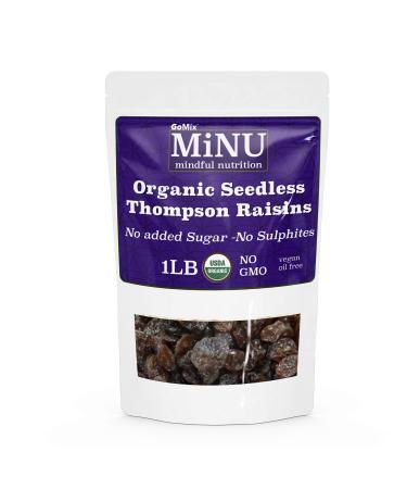MiNU Organic Thompson Raisins 16 oz (1 lb), MiNU Mindful Nutrition No Sulphur No Added Sugar Unsweetened, Unsulphured, Seedless, Superfood, Raw, Paleo, Vegan, NonGMO, Gluten Free No Nonsense! gomix