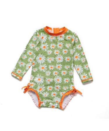 BONVERANO Baby Girls Swimsuit Toddler Bathing Suit Long-Sleeve Zipper One Piece Swimwear with UPF 50+ Sun Protection 2-3 Years Daisy