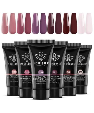 Modelones polygel set with 6 colors nude pink purple natural poly gel nails yourself set quick extension building acrylic gel for starter nail art nail design make C-polygel Elegant purple 15 ml (1 Pack)