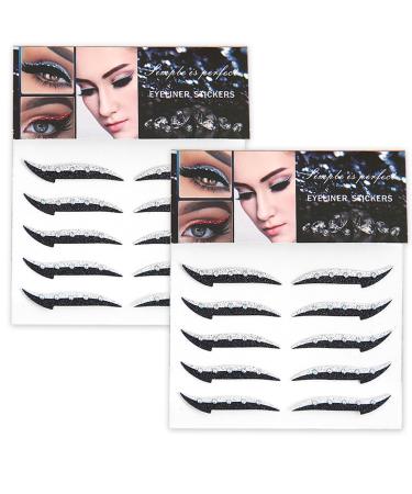 Glitter Eyeliner Stickers 10 Pairs Reusable Eyeliner Sticker with Crystal Waterproof Instant Adhesive Stick on Eyeliner for Dress Up Party Supplies (Silver)