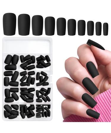 LuckForever 240pc Matte Square Press on Nails Medium Glue on Nails Black Fake Nails Medium Square Acrylic Nails Press on Nails Full Cover Artificial False Fingernails with Nail Glue Adhesive Tabs