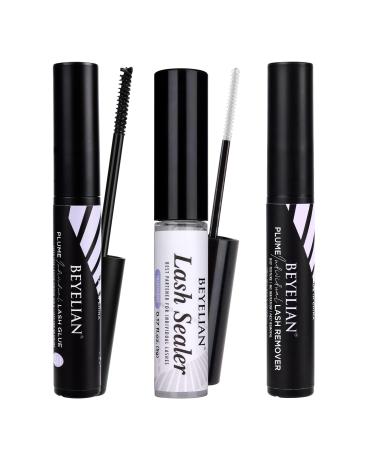 BEYELIAN Cluster Lash Glue and Lash Sealer and Lash Remover Kit, Lash Bond Mascara Wand Individual Eyelash Glue for DIY Eyelash Extension, Lash Sealant Long-Lasting, Lash Adhesive Remover 3 pcs Black&Clear