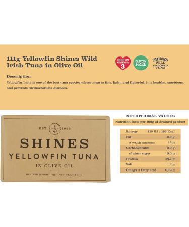 Shines Wild Yellowfin Tinned Tuna in Olive Oil - 12 x 111g Cans - Low Carb & High Protein Canned Tuna - Ideal for Keto Diet - Hand Filleted - High in Omega 3 - Gluten Free - Buy Online on SooperMarket.com