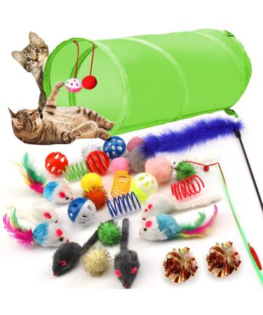 QUOZUO 31 pcs Cat Toys Variety Pack for Kitty 2 Way Tunnel Cat Feather Teaser Cat mouse Toy Cat Crinkle Balls Cat Balls with Bell Catnip Toys for Indoor Cats Kittens Toys