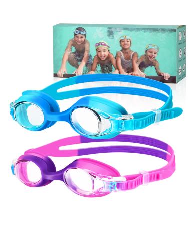 Starweh swimming goggles (2 pack) children's swimming glasses with anti-fog lens waterproof swimming goggles soft silicone swimming glasses with portable pocket for 3-14 year old girls boys blue + purple