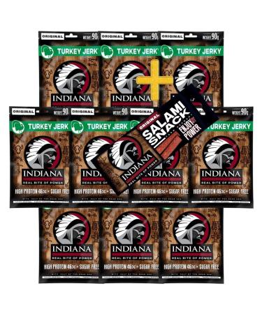INDIANA BEEF JERKY dried meat high protein no added sugar + salami snack 18g (10 x 90g Turkey Jerky)
