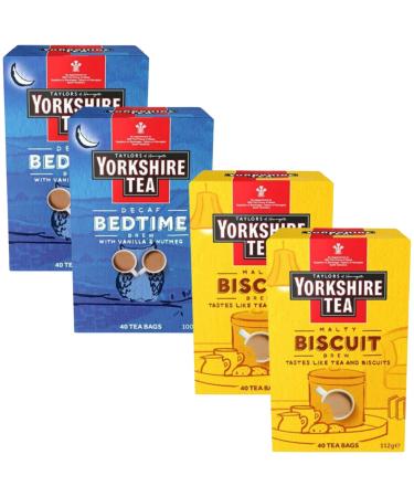 Tea Variety Bundle Containing Yorkshire Tea Decaf Bedtime Brew 40 Tea Bags 2pk Yorkshire Tea Malty Biscuit 40 Tea Bags 2pk (4 Pack)
