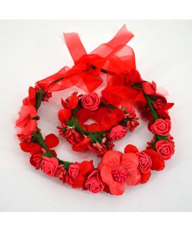 AISI Red Flower Wreath & Bracelet Set | Boho Hair Band & Crown for Wedding & Festival - Buy Online on SooperMarket.com
