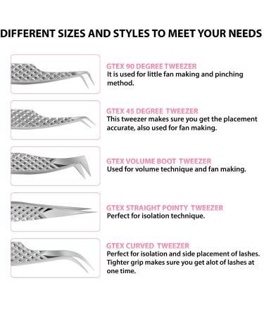 GTEX Lash Tweezers Set of 5 - Japanese Stainless Steel, Straight & Curved, 45 & 90 Volume Eyelash Extensions - Silver - Buy Online on SooperMarket.com