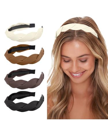 4 Pieces Braided Headband for Women Girls Wide Hairband Fashion Non Slip Hairhoop Weaving Shape Accessories Solid Colors Trendy Headbands