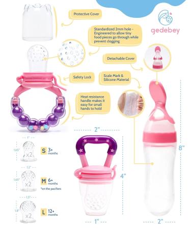 Gedebey Baby Fruit Feeder Pacifier Set - 3 Pack | Silicone Pacifiers & Feeding Spoon Combo | Frozen Fruit Teether & Forage Feeder | Pink Baby Food Accessories - Buy Online on SooperMarket.com