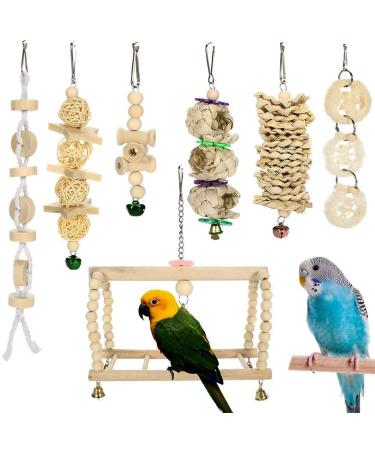 Yorgewd 7 Pack Bird Toys Natural Wood Small Bird Cage Toys Small Parrot Swing Chewing Toys for Budgies Small Parakeets Conures Love Birds Cockatiel Finches