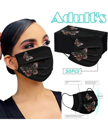 50Pcs Butterfly Printed Black Disposable Face Masks for Adults | 3-Ply Protection with Elastic Earloop and Nose Clip | Comfortable, High Filtration & Ventilation - Buy Online on SooperMarket.com