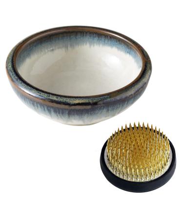 Wazakura Minoyaki Series Japanese Ikebana Essential Tool Kit with Small Round Ceramic Flower Vase and Kenzan Pin Frog for Floral Arranging - White & Blue Kenzan + 2in (61mm) Brass Kenzan