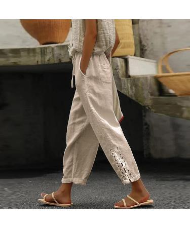 Womens Linen Capri Pants with Side Hollow Out Detail, Boho Summer Beach Pants with Pockets - Khaki XX-Large - Buy Online on SooperMarket.com