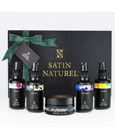 Birthday Gifts for Her with Organic Hair Growth Oil + Body Oil - Argan Oil + Jojoba Oil + Almond Oil + Castor Oil & Body Scrub 5x30ml Gift Set Women - For Mum Sister Women Gifts - Satin Naturel