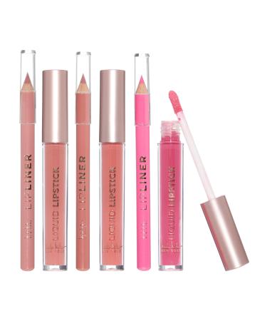 Nicole Miller Rosy Nudes Lip Collection | 6 Piece Set | 3 Luxurious Lip Liners & 3 Liquid Lip Sticks in Light Rose Rosy Mauve and Deep Peach