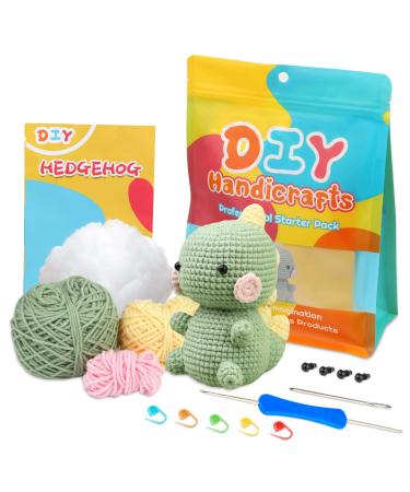 ZMAAGG Beginners Crochet Kit, Crochet Animal Kit, Knitting Kit with Yarn, Polyester Fiber, Crochet Hooks, Step-by-Step Instructions Video, Crochet Starter Kit for Beginner DIY Craft Art (Dinosaur) Green Dinosaur