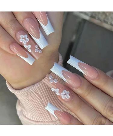 French False Nail Long Flower Fake Nails 24Pcs Coffin Pink Press on Nail Full Cover Stick on Nails False Nails Ballerina Nail Tips for Women Girs Nail Decorations Long Flower