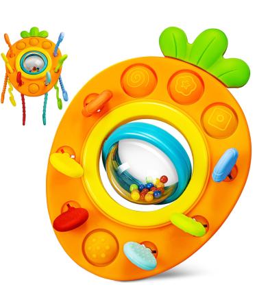 Jiosdo Montessori Toys from 6 months sensory baby toys silicone tensile cord engine toys 1 year pull string toys ball rattle rattle toy for baby orange (carrot)