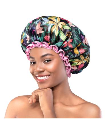 Mikimini shower hood for women and girls 2 pieces rainforest bath shower with pink lace reusable waterproof shower hood for girls (medium floral) medium (2-pack) rainforest